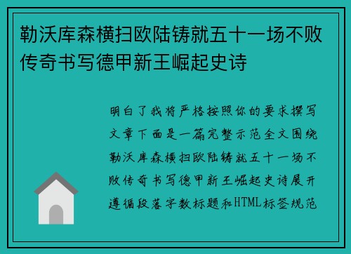 勒沃库森横扫欧陆铸就五十一场不败传奇书写德甲新王崛起史诗